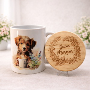 Tasse Guten Morgen Hund mit Vergissmeinnicht